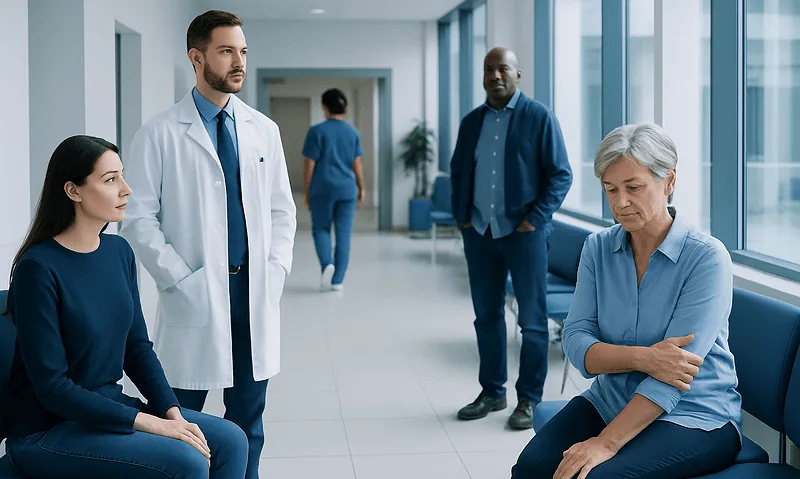 Understanding Arthralgia: A Complete Patient Guide 8 Medical consultation in hospital corridor with patients and doctor.