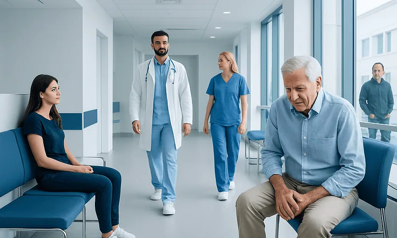 Arthropathy: Diagnosis, Outlook, and Modern Treatment Approaches 6 Medical consultation in hospital corridor with doctor and elderly patient.