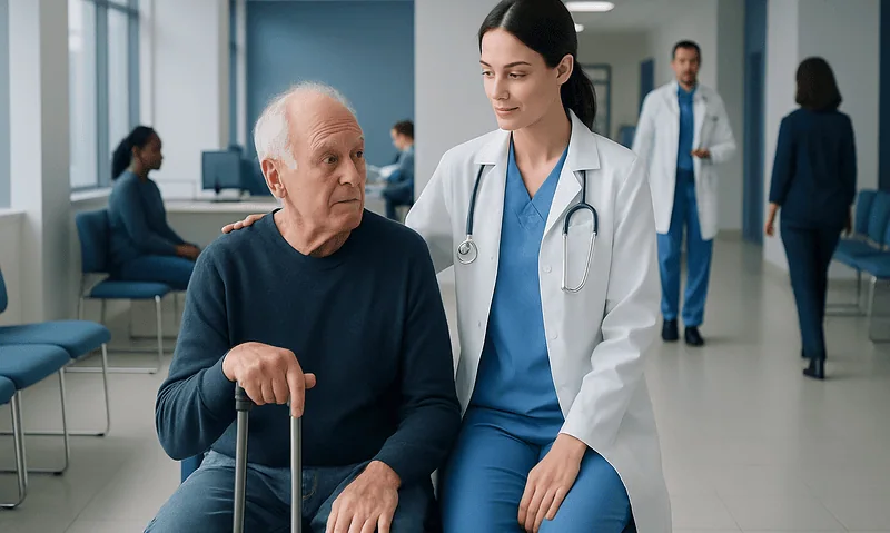 Doctor consulting elderly patient in hospital corridor.