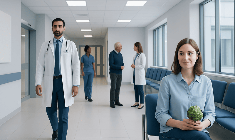 Medical professionals and patient in hospital corridor with artichoke.