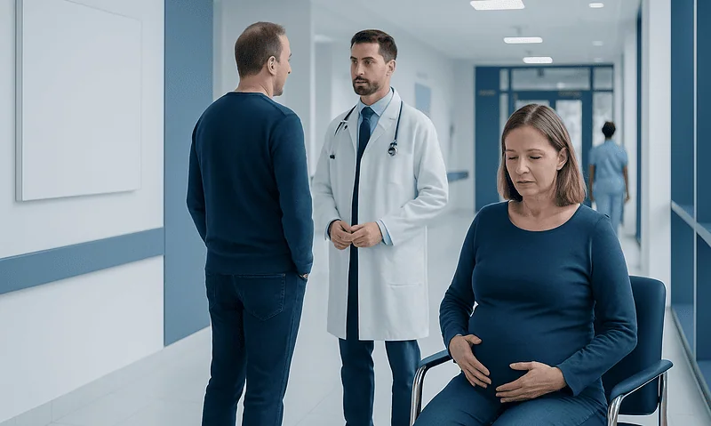Doctor consulting with a patient in a hospital corridor.