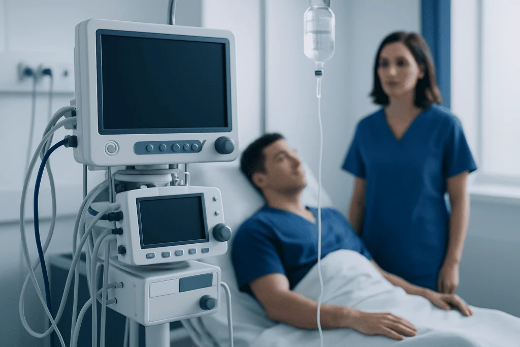 Hospital patient receiving medical care in a clinical setting.