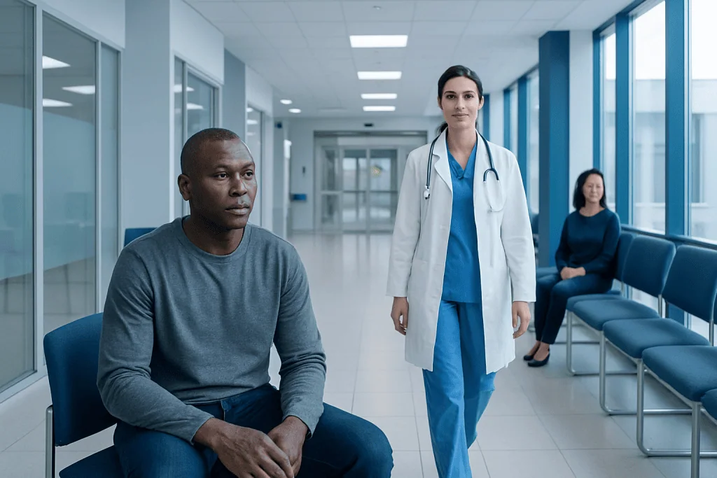 Ashy Skin — Explained by Medical Evidence, Not Myths 1 Medical consultation in hospital corridor with doctor and patients.