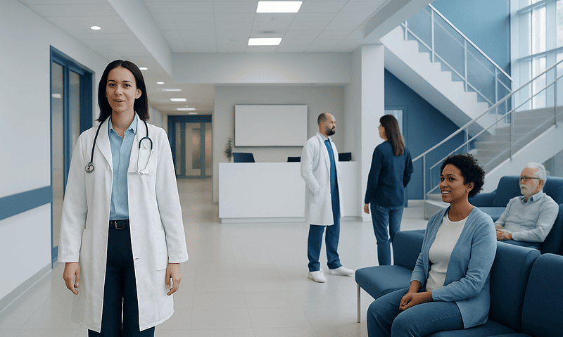 Medical professionals and patients in a modern hospital lobby.