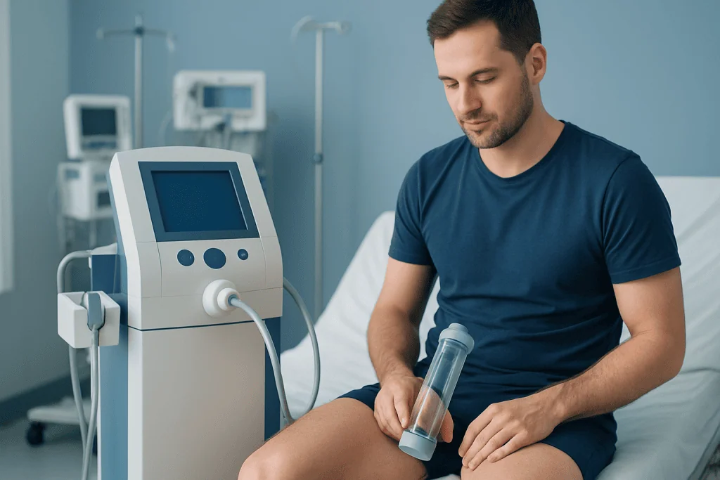 Male patient using medical device in hospital room.