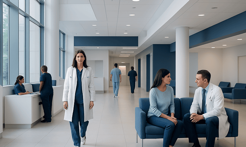 Modern hospital lobby with medical staff and patients in a bright, spacious setting.