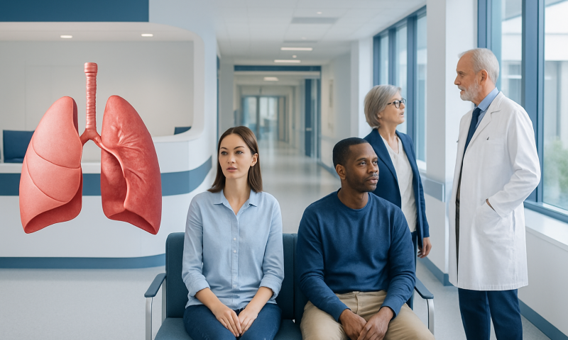 Medical consultation about lung health with a lung model in a hospital corridor.