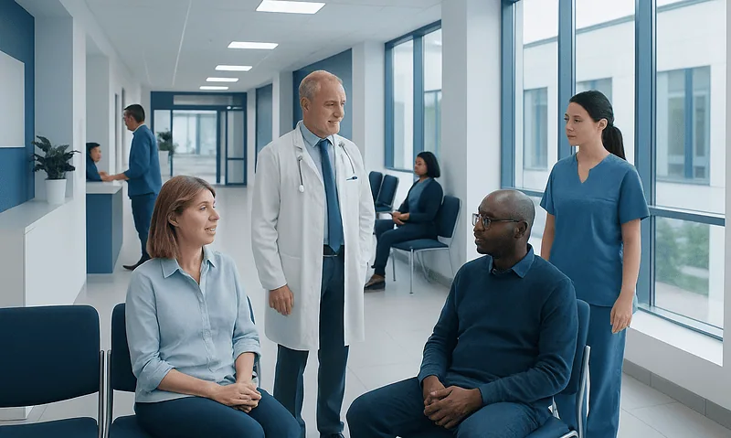 Medical consultation in a modern hospital with diverse patients and staff.