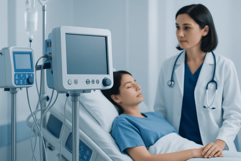 Hospital nurse monitoring patient in ICU with medical equipment.