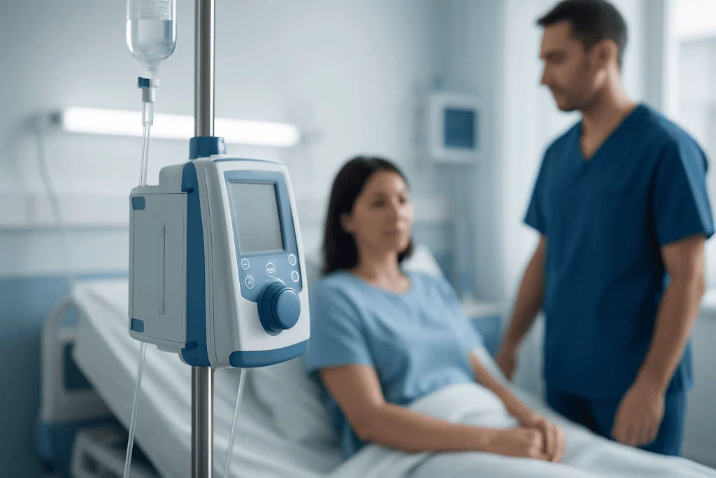 Patient receiving IV therapy in a hospital setting at Acibadem Hospitals Group.