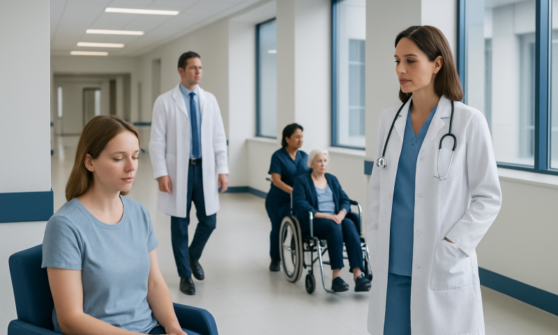 Medical team consulting with patient in hospital corridor at Acibadem Hospitals.