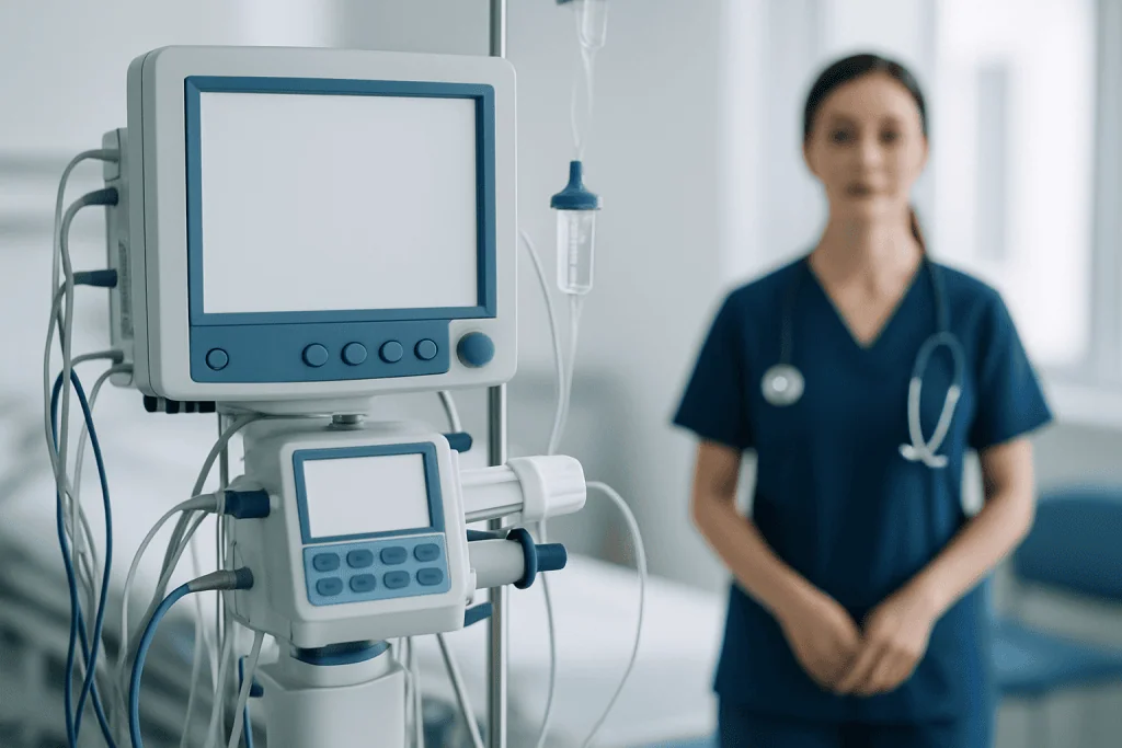 Medical monitor and nurse in a hospital setting at Acibadem Hospitals Group.