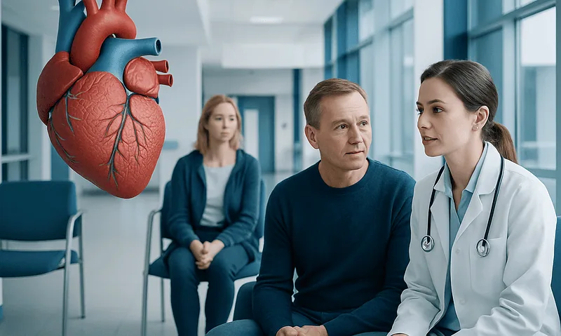 Doctor consulting with a patient about heart health in a hospital setting.