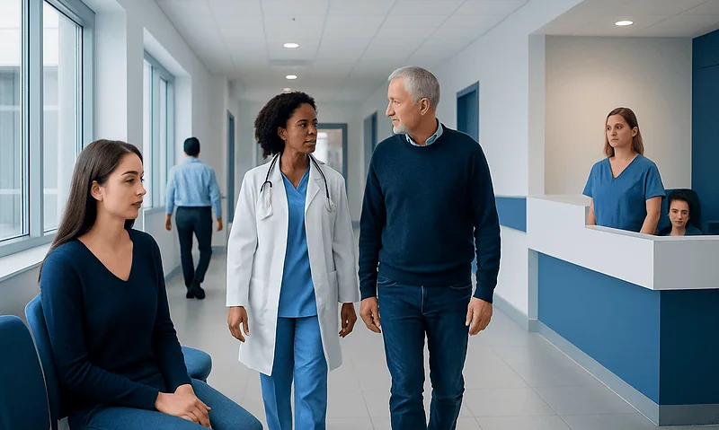 Medical staff and patient in hospital corridor at Acibadem Hospitals Group.