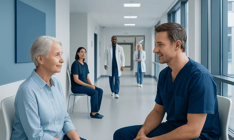 Healthcare professionals consulting with elderly patient in hospital corridor.
