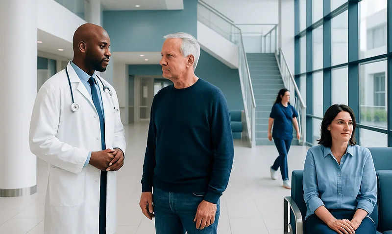 Doctor talking to a patient in a modern hospital lobby.