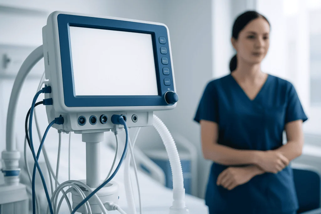 Medical monitor in a hospital room with a nurse in the background.