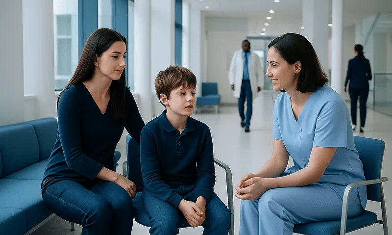 Child in therapy session with mother and healthcare professional at Acibadem Hospital.