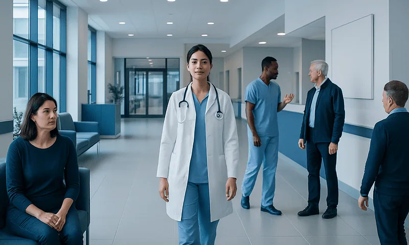 Medical professionals and patient in a hospital corridor.