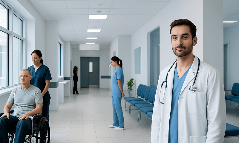Autonomic Dysreflexia: An Evidence-Based Guide for Patients 9 Healthcare professionals and patient in hospital corridor at Acibadem Hospitals Group.
