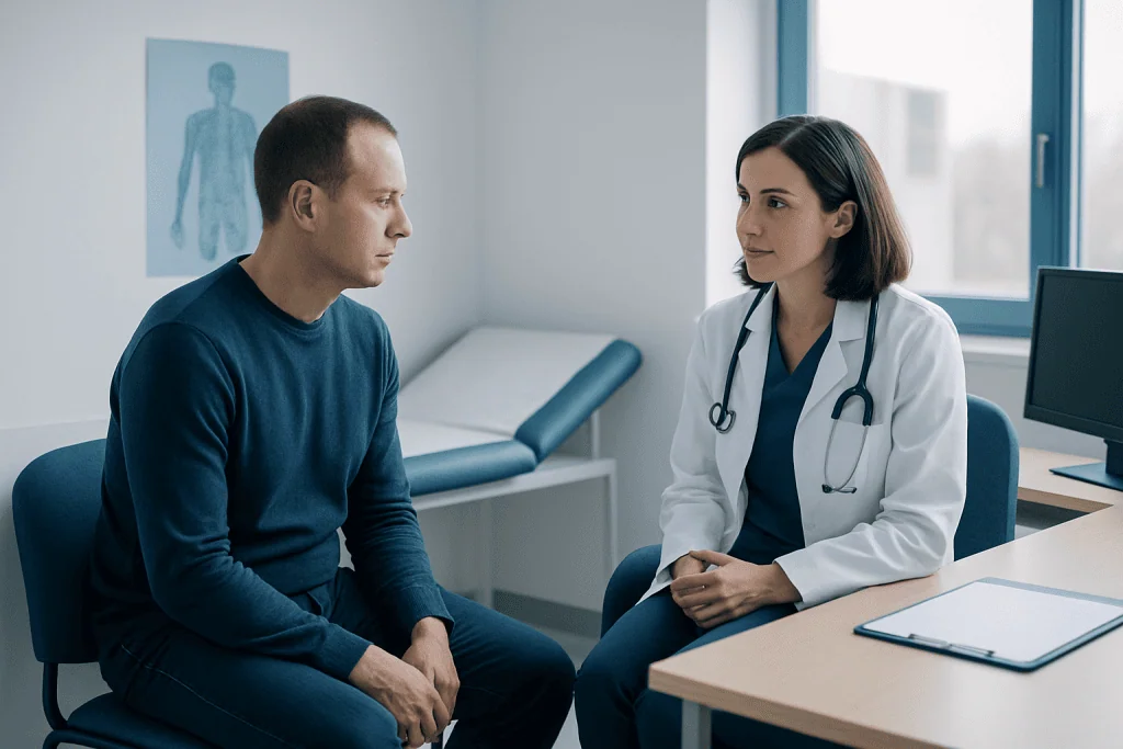 Doctor consulting with male patient in medical office.
