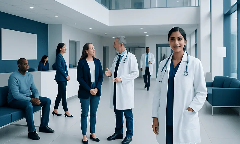 Medical team at Acibadem Hospitals Group in modern hospital lobby.