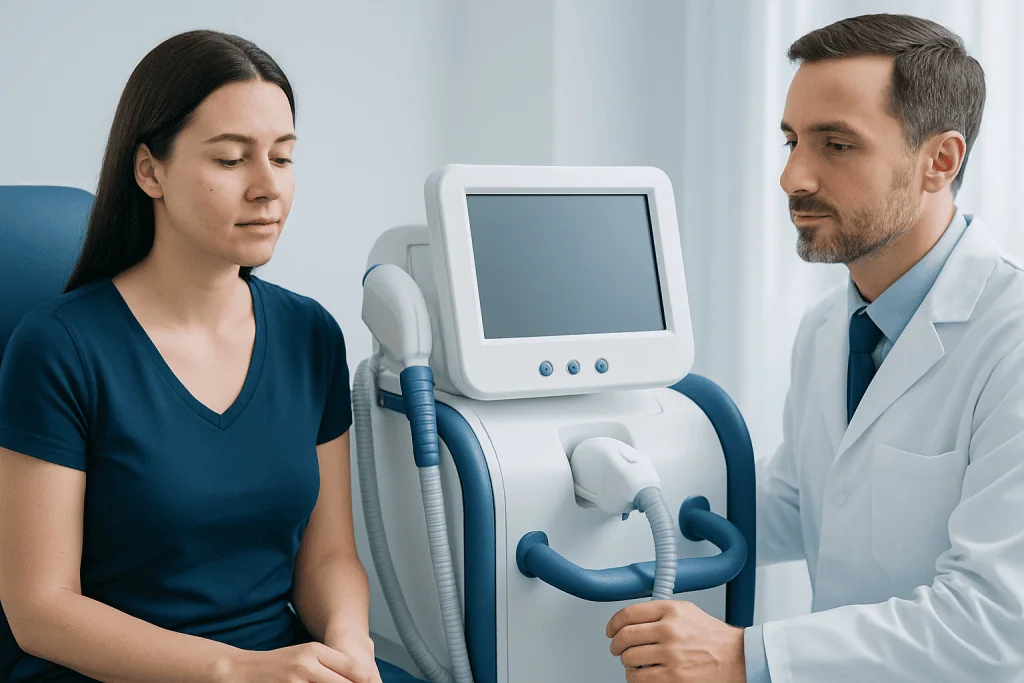 Doctor explaining treatment to a patient in a medical consultation room.