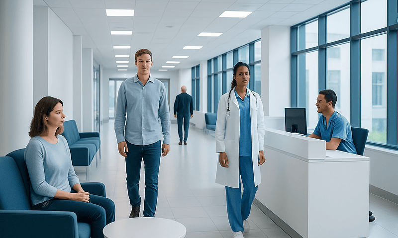 Patients and medical staff in a modern hospital waiting area.