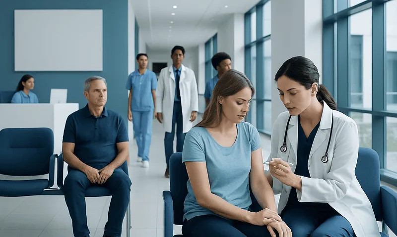 Medical professionals and patients in a hospital waiting area.