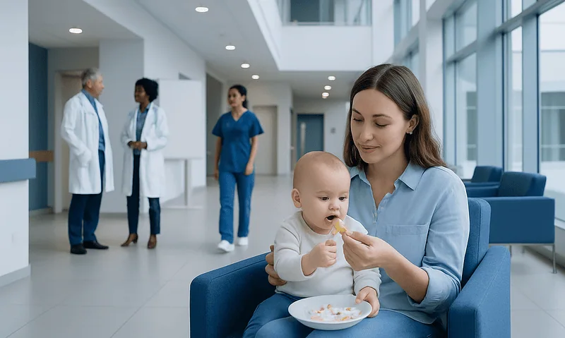 Mother feeding baby in hospital waiting area with medical staff in background.