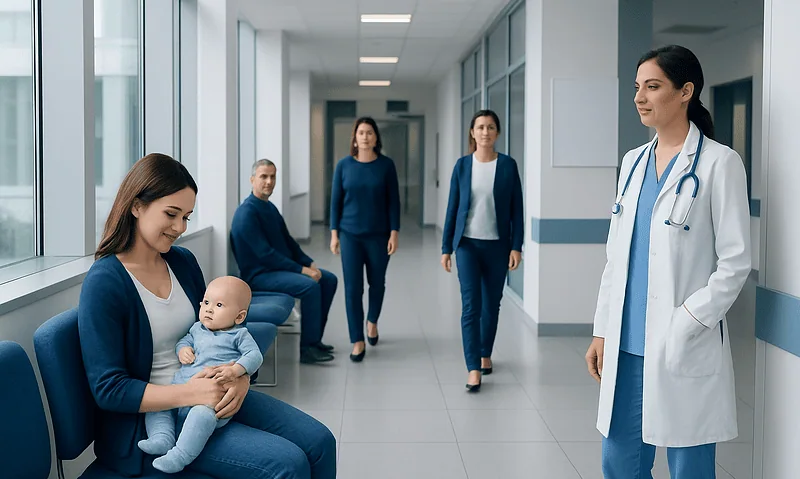 Healthcare professionals and a mother with a baby in a hospital corridor.