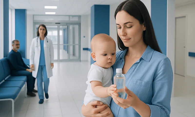 Pediatric nurse holding a baby with a water bottle in a hospital corridor.