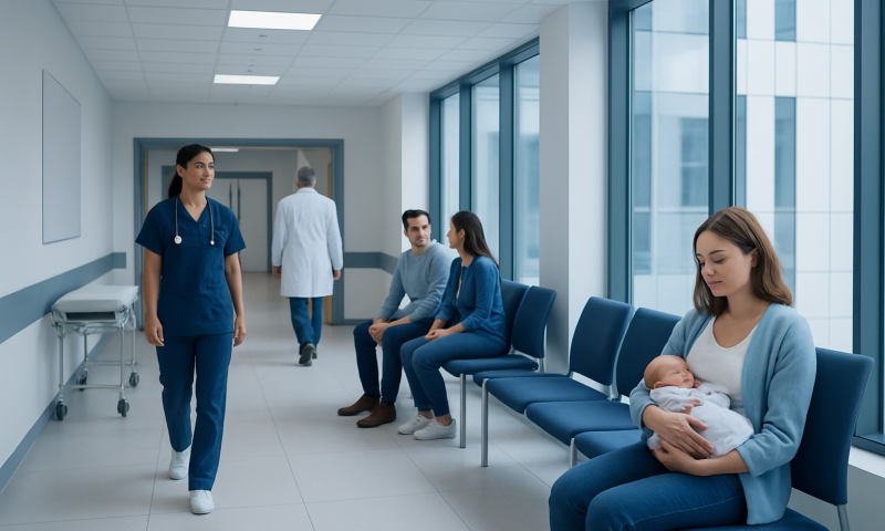 Hospital waiting area with medical staff and patients, including a mother with a newborn.