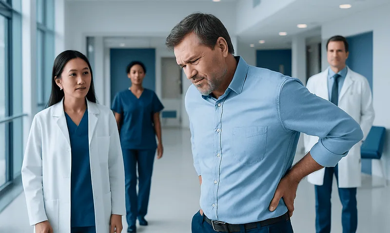 Man experiencing back pain in hospital corridor with medical staff nearby.