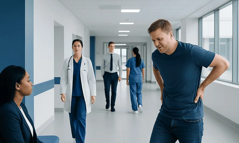Patient experiencing back pain in hospital corridor with medical staff nearby.