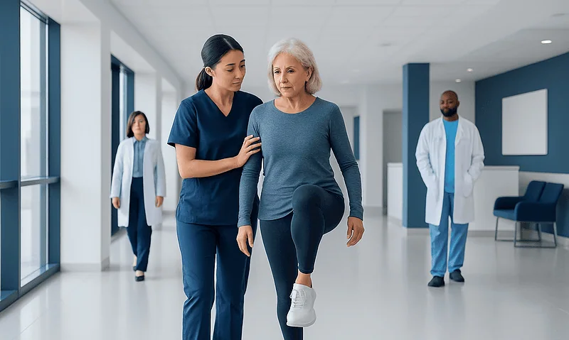 Senior woman doing balance exercise with nurse in hospital corridor.