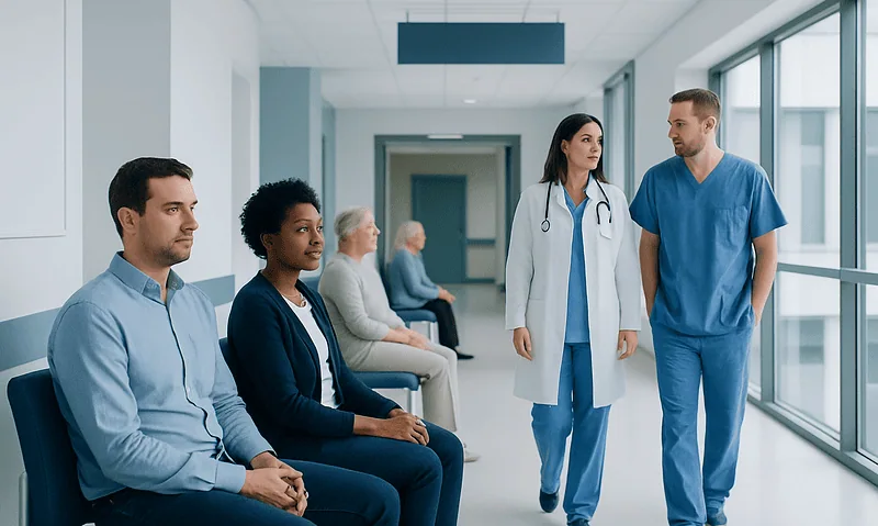 Patients waiting in a hospital corridor with medical staff nearby.
