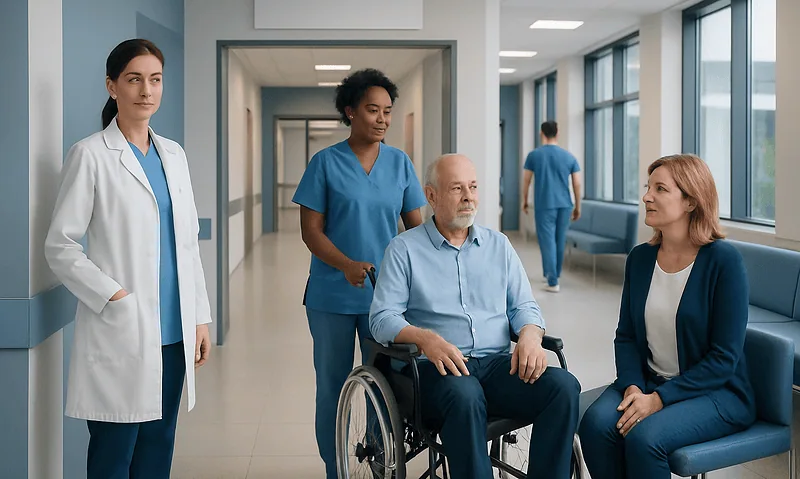 Hospital staff assisting a patient in a wheelchair in a modern hospital corridor.