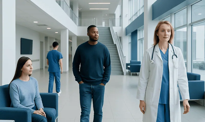 Patients waiting in a modern hospital lobby with medical staff present.
