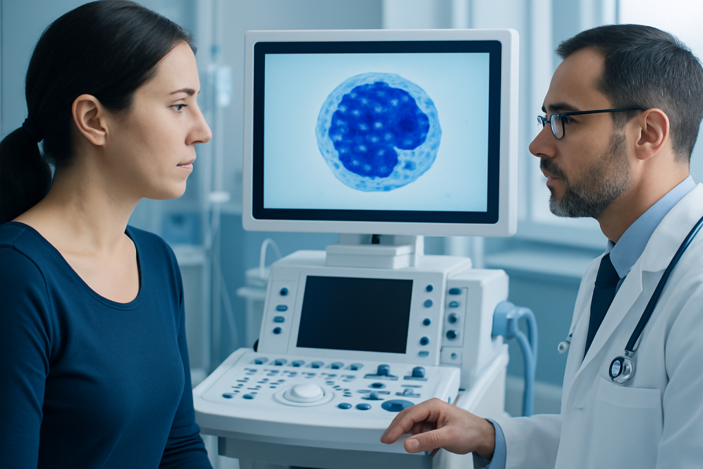 Doctor explaining blood test results to a patient in a medical clinic.