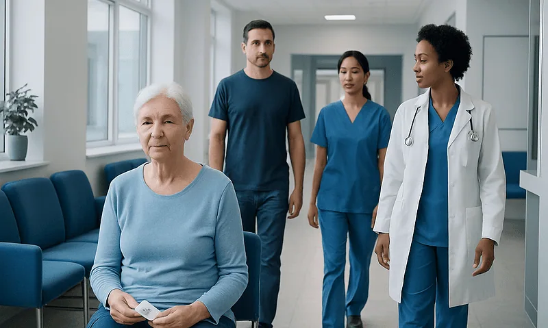 Senior woman in hospital waiting area with medical staff and visitors.
