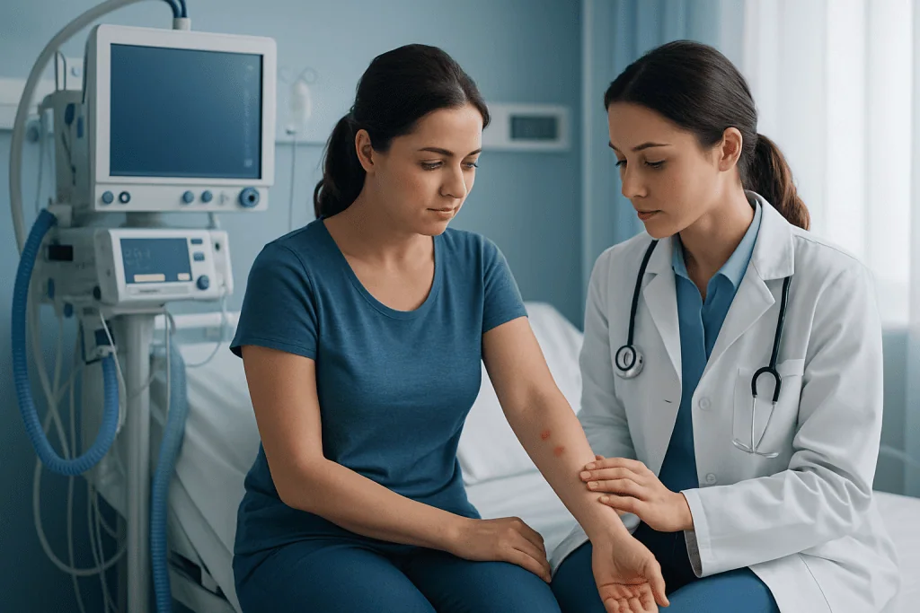 Doctor examining a patient's arm in a hospital room at Acibadem Hospitals Group.