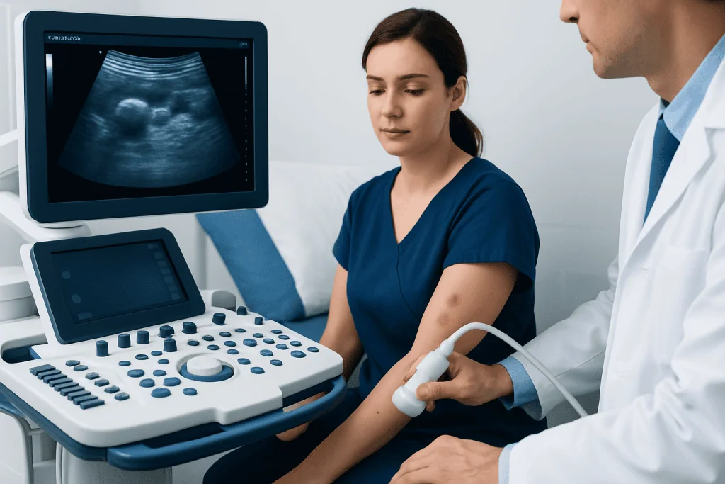Medical professional performing an ultrasound on a young woman patient.