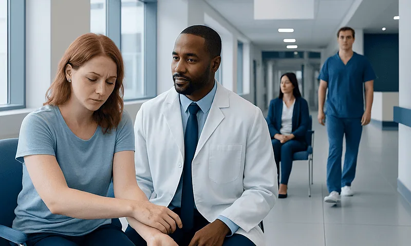 Doctor examining a patient's arm in a hospital corridor.