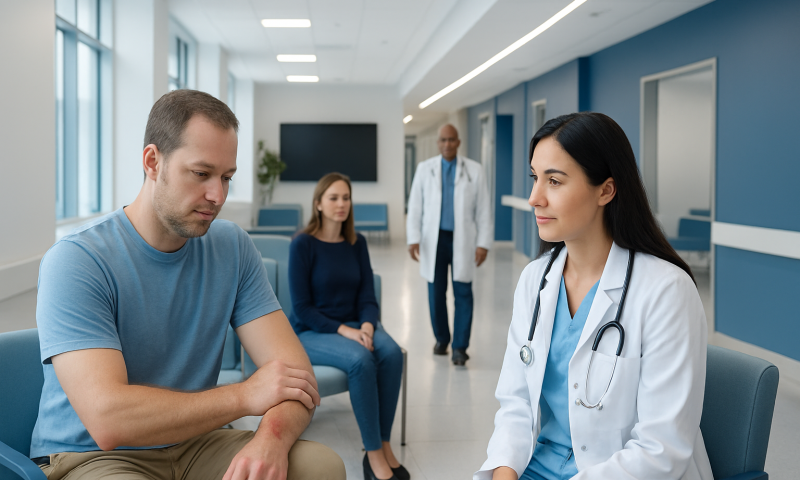 Doctor consulting patient in hospital corridor with waiting patients.