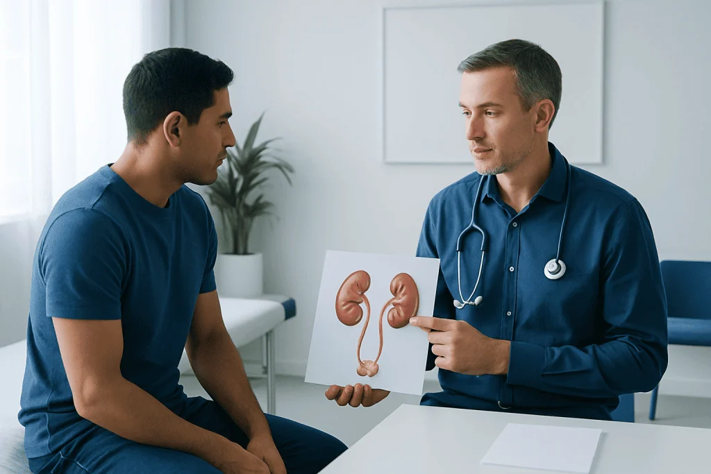 Doctor explaining kidney anatomy to patient in a medical consultation.