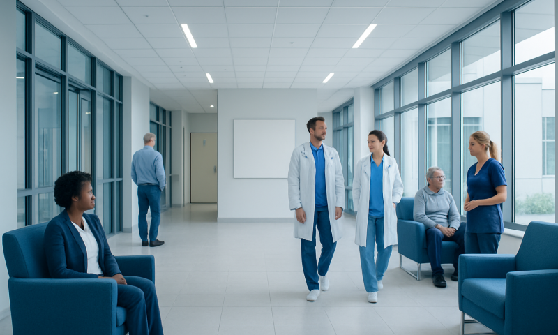 Medical team and patients in a modern hospital waiting area.