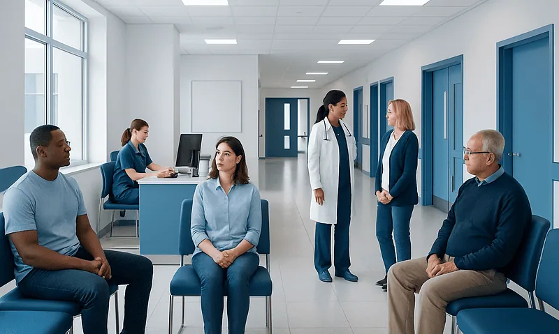 Belladonna — Explained by Medical Evidence, Not Myths 10 Patients waiting in a hospital corridor with medical staff attending to them.