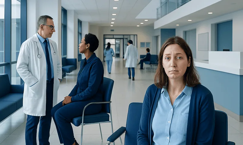 Patient with facial paralysis at hospital, doctor consulting, healthcare setting.