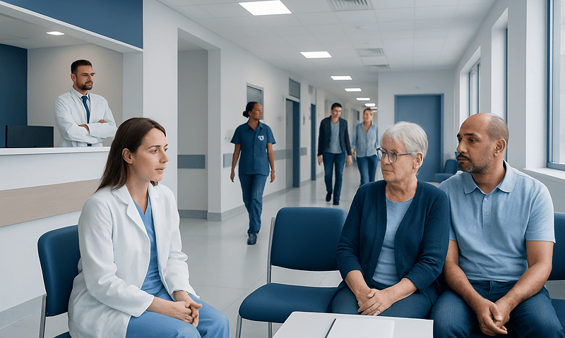 Medical consultation with a doctor and elderly patient in hospital corridor.